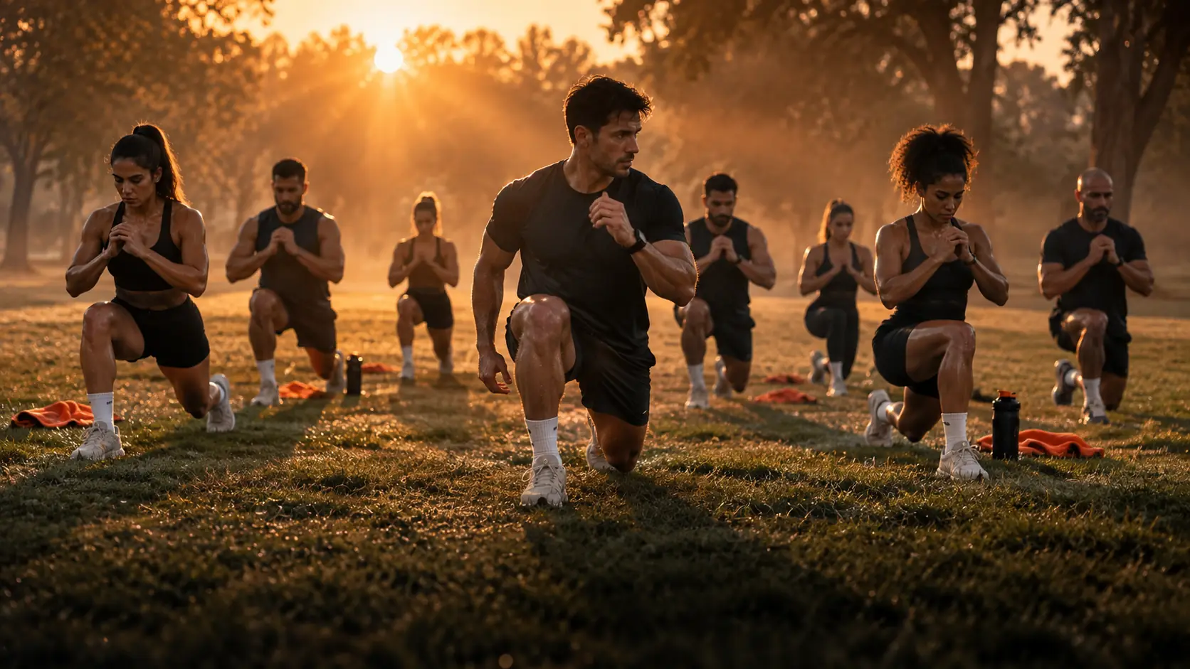 Grupo fazendo um treino coletivo ao ar livre ao amanhecer, com o personal à frente.