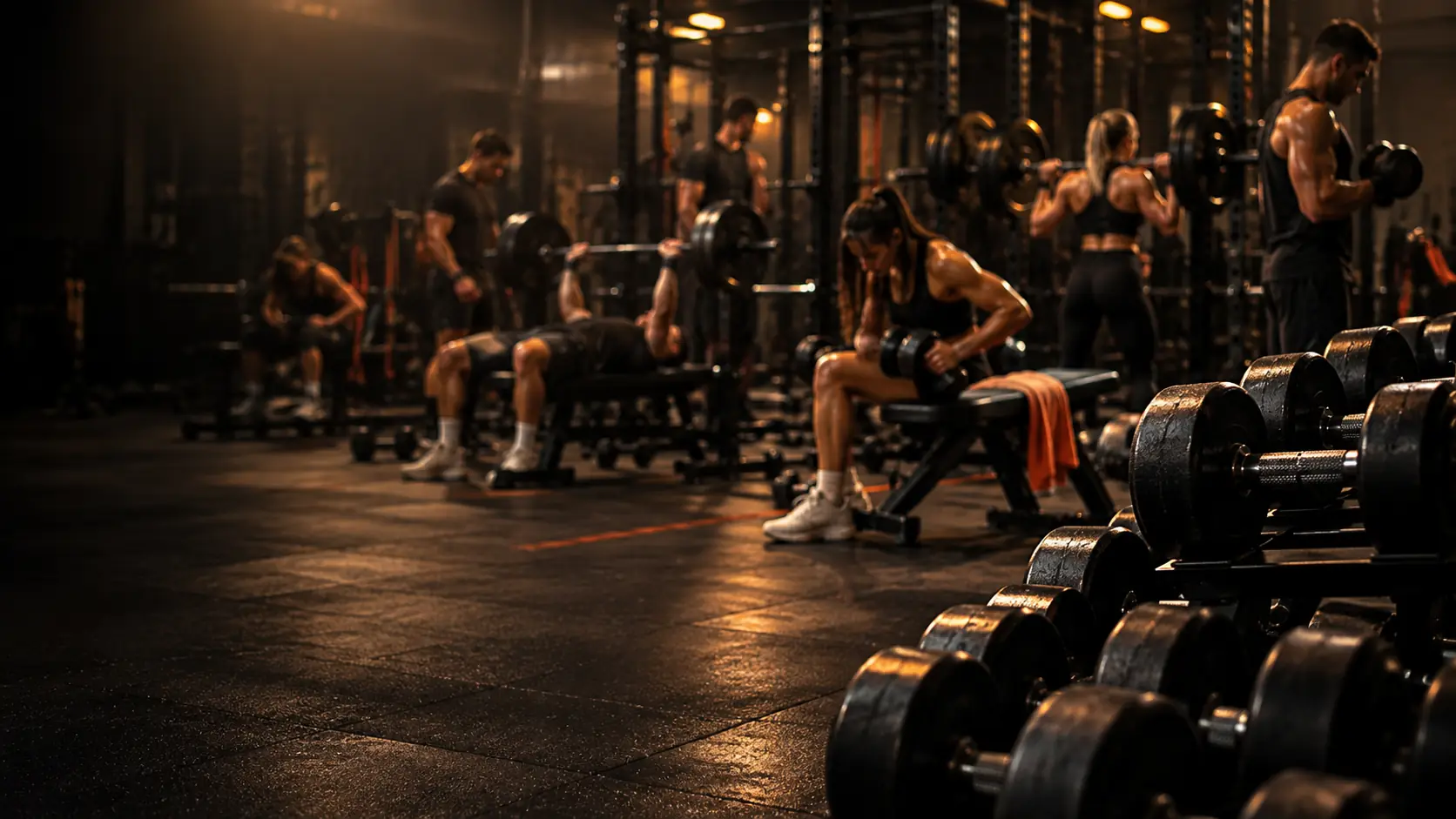 Salão de musculação cheio, com alunos treinando ao fundo.