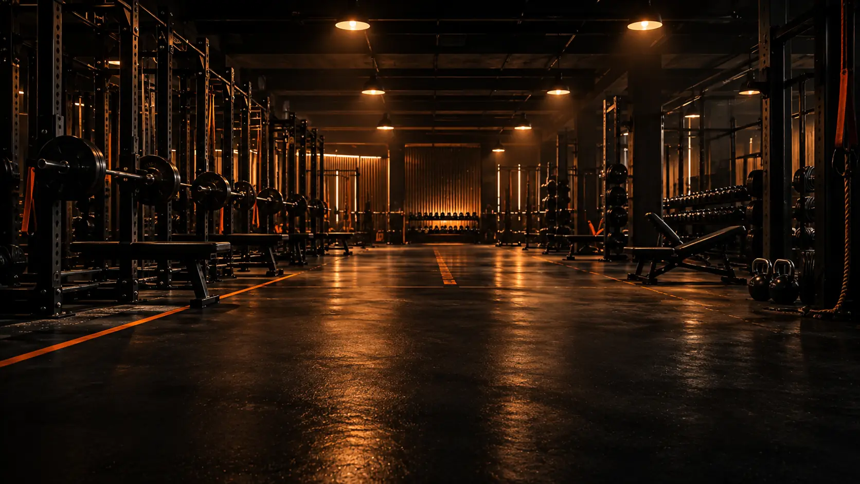 Interior amplo de uma academia vazia, com luz quente sobre os aparelhos.