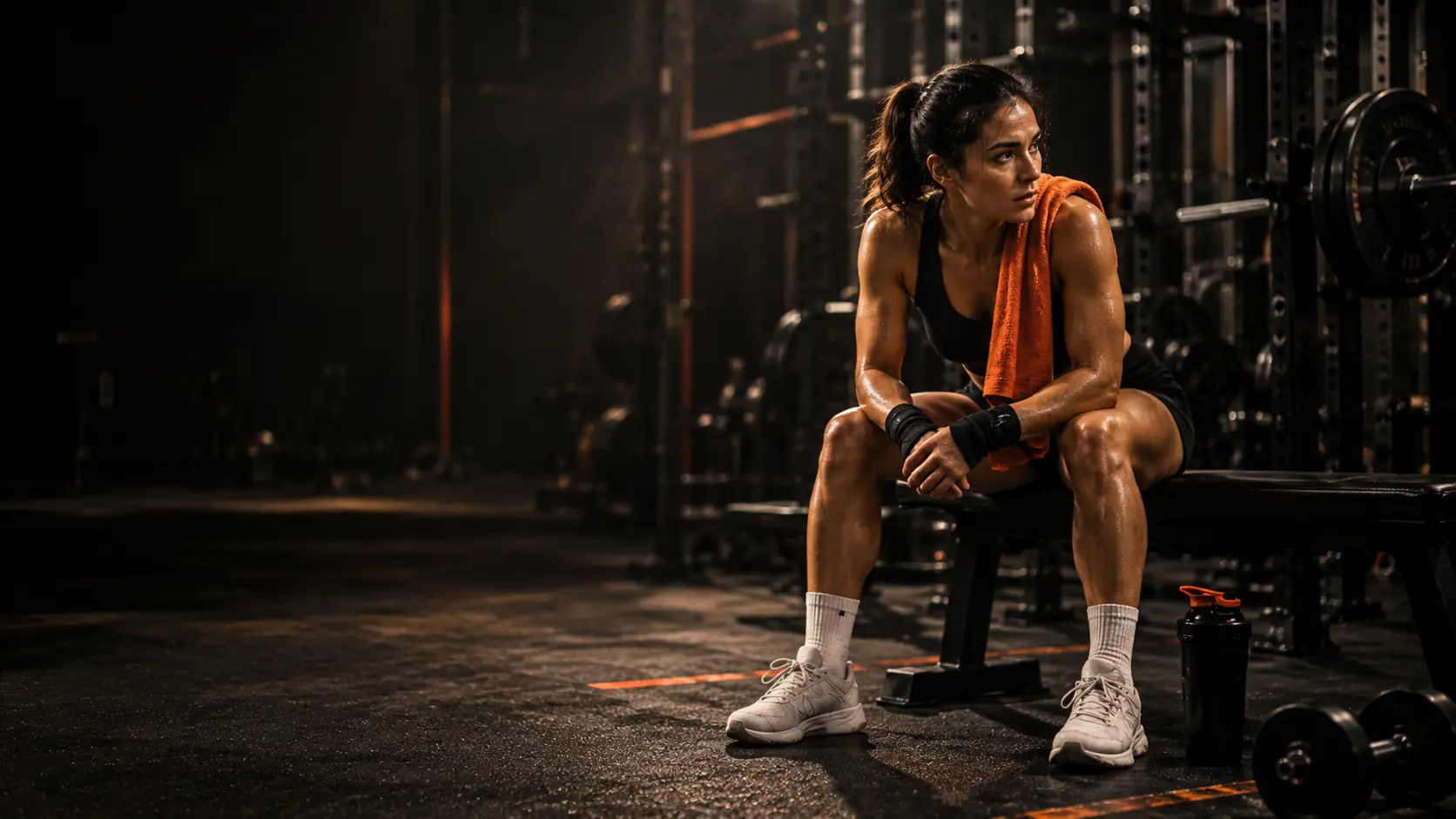 Athlete resting on a bench after training, orange towel over the shoulder.